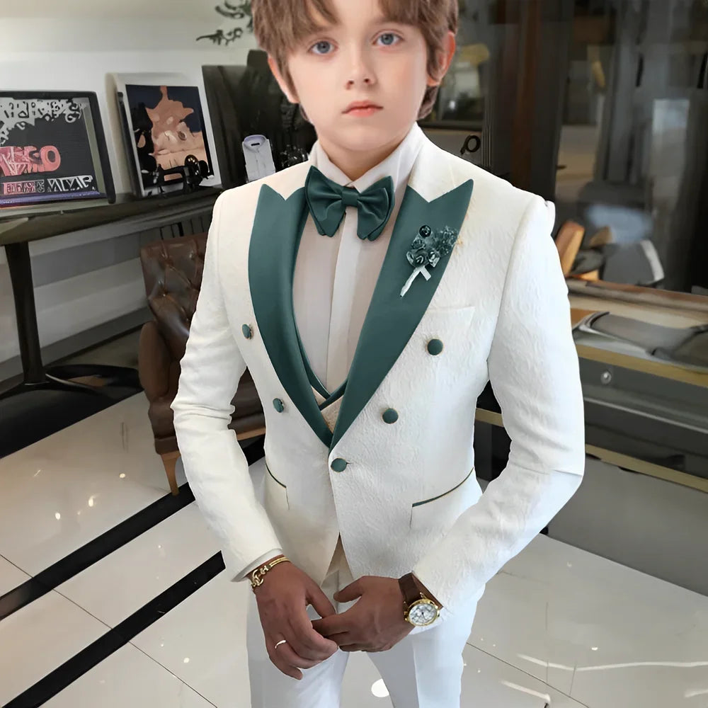 White Floral Wedding Tuxedo for Boys 3 Pieces Jacquard Suits Double Breasted Kids Tuxedo 2025 Fashion Design Jacket Pants Vest
