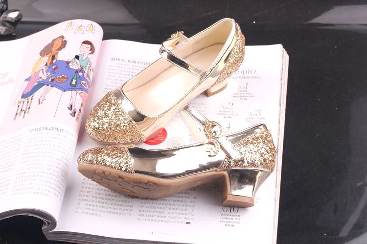 Gold Glitter Girl Heeled Shoe Girl Ceremony Dress Shoes for Party and Wedding Shiny Golden Formal Shoes with Sequins for Girls