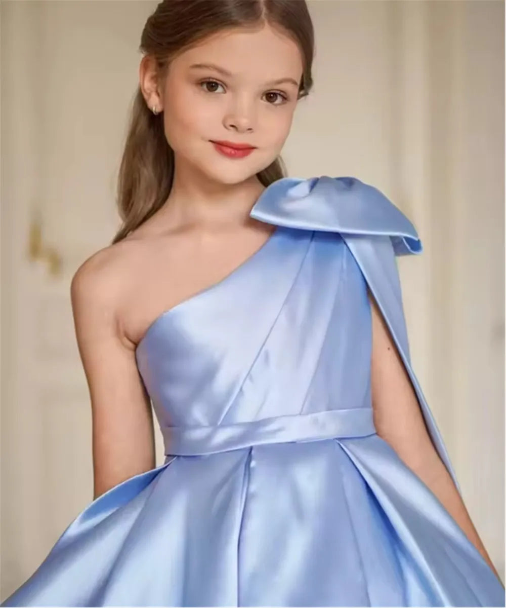 One Shoulder Flower Girl Dress for Wedding Satin Pageant Dresses for Girls First Communion Dress with Bow Ball Gown