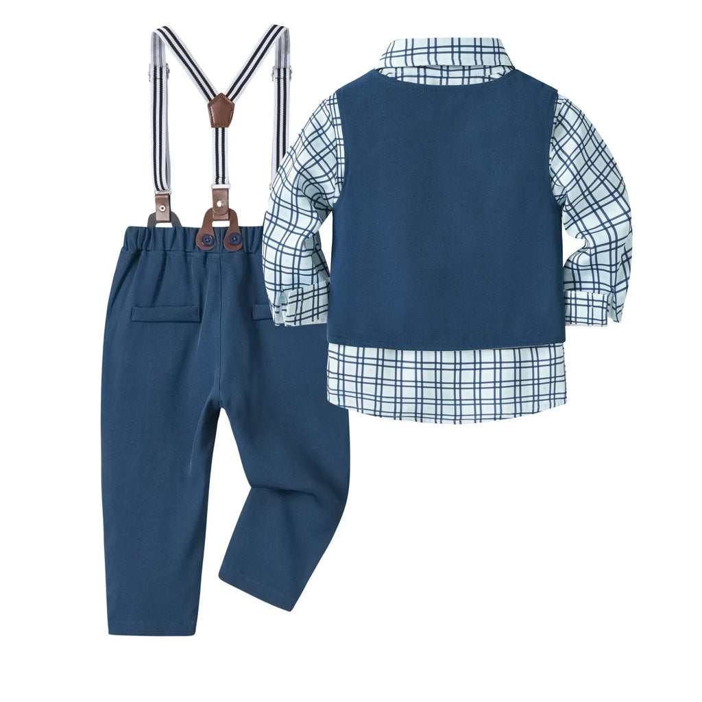 Vest Spring Set 1 2 3 4 5 Years Boy Host Wedding Costume Kid Cotton Suit Plaid Shirt with Solid Pants Strap Outfit Party Clothes